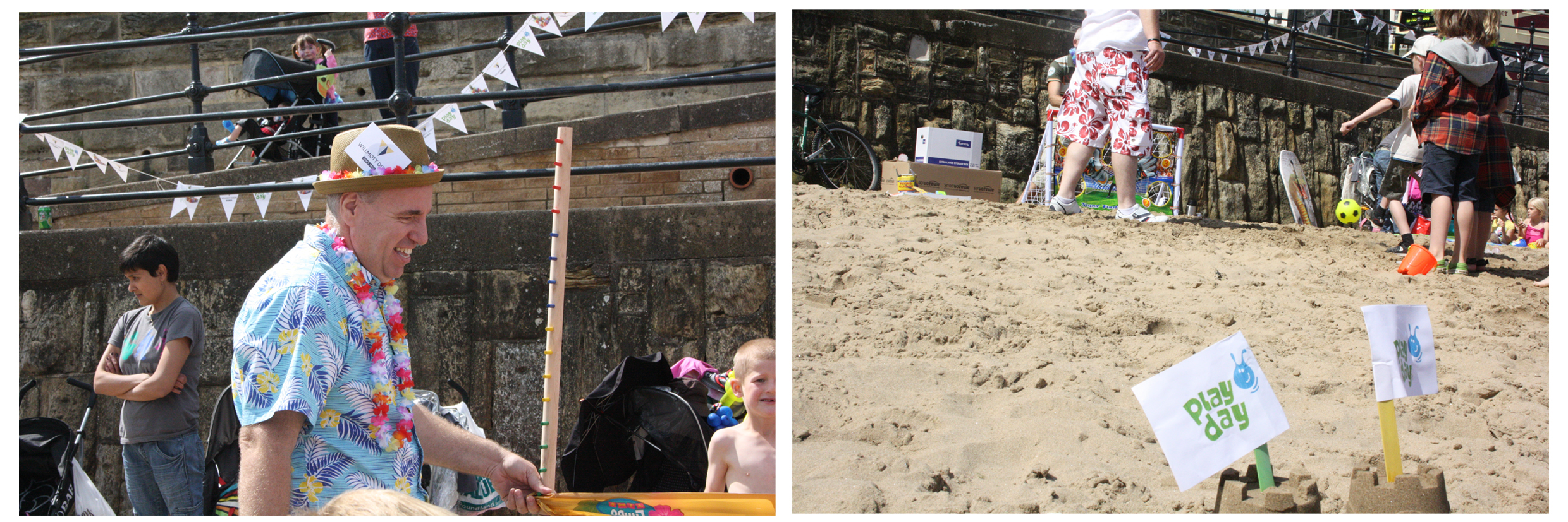 Dutton International's Chris McLaren & Willmott Dixon's Leigh Garbutt strike a pose whilst buckets and spades await a day of sandcastles and fun in the sand